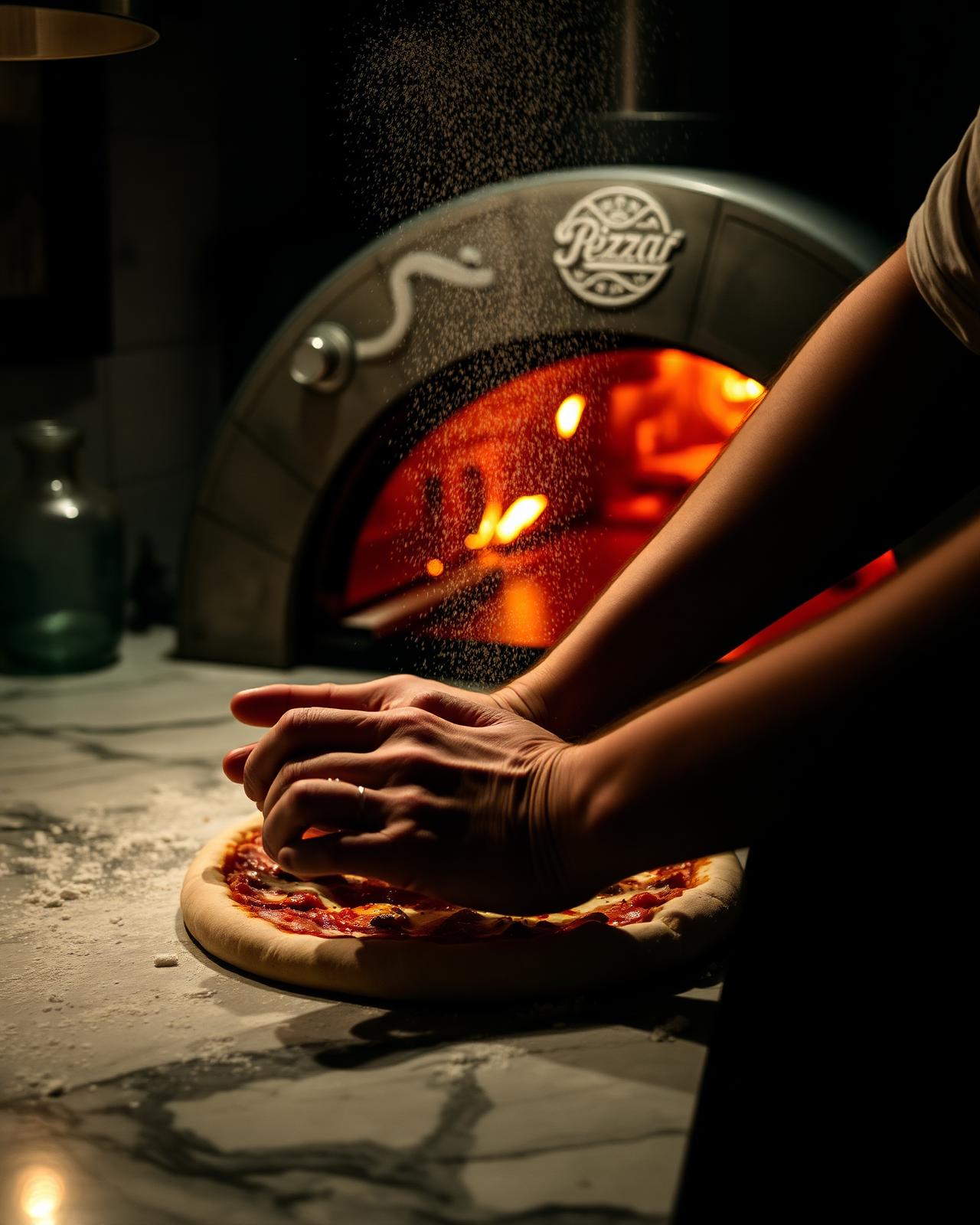 Mains du pizzaiolo travaillant la pâte près du four à bois